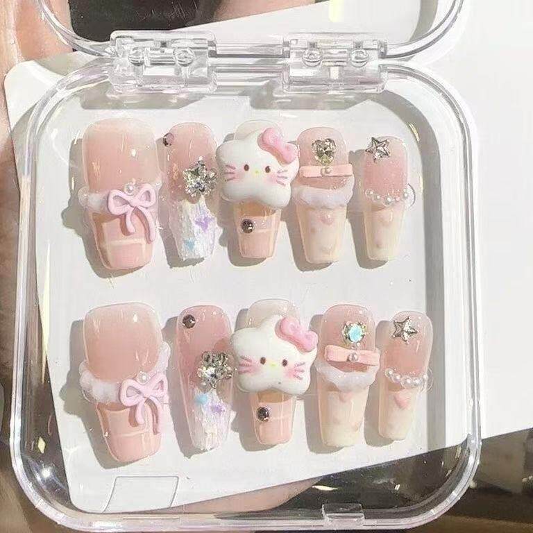 裙摆蝴蝶结可爱法式猫眼美甲穿戴甲显白可拆卸指甲