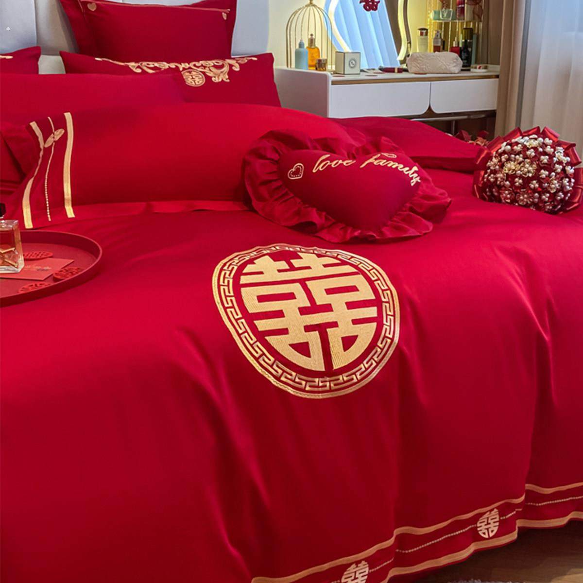 结婚床上四件套婚庆纯棉100全棉新婚大红色床单被套婚嫁喜庆床品