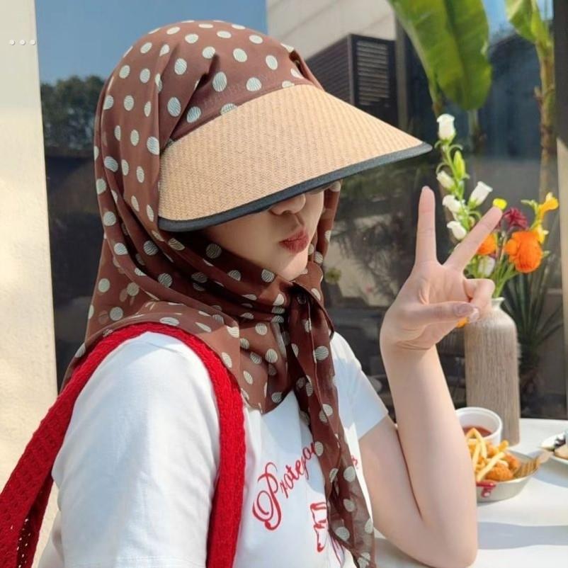 2025新款草编遮阳帽子女度假可折叠防晒遮脸护脖一体头巾沙滩草帽
