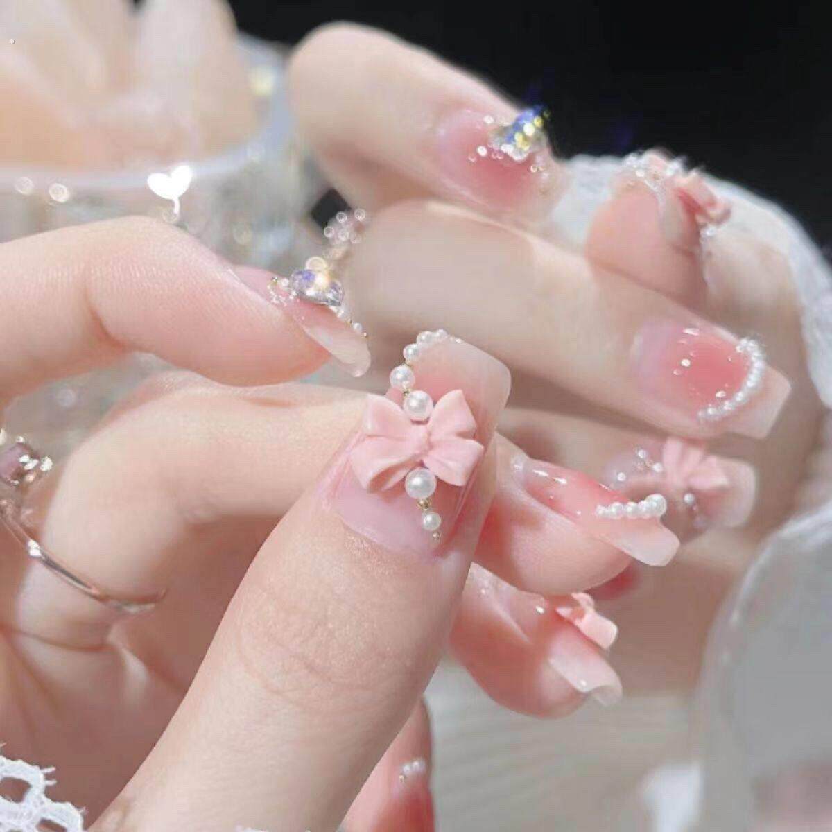 手工定制甜美纯欲腮红蝴蝶结美甲穿戴甲可拆卸