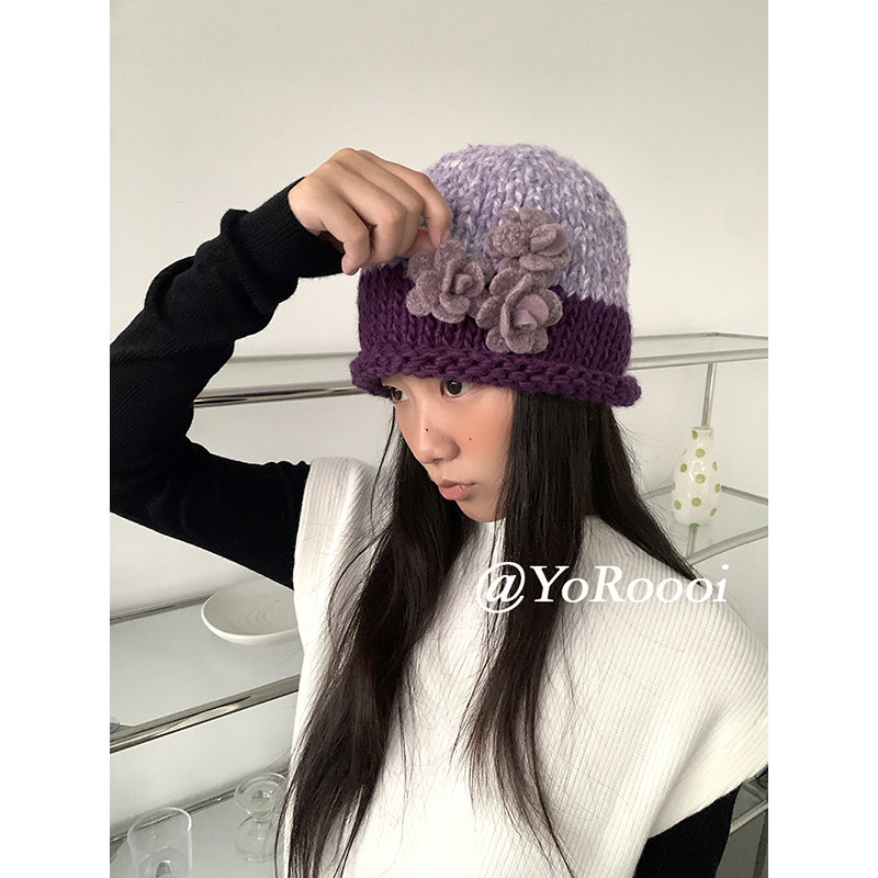 自制小众复古千禧古早花朵针织帽