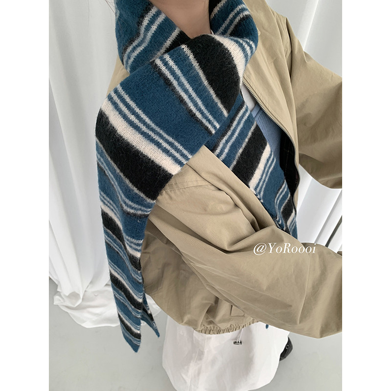 设计师羊毛混纺条纹拼色围巾围脖