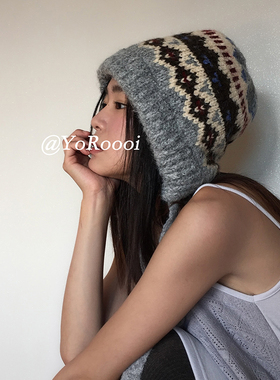 YoRoooi 韩系灰色费尔岛花纹护耳保暖防寒ins百搭护耳防风帽子女