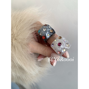 YoRoooi 个性甜酷可爱辣妹风时髦中古戒指食指戒宝石晕染镶钻指环