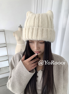 YoRoooi 小众显脸小百搭韩系保暖猫耳针织帽加厚减龄可爱包头帽女