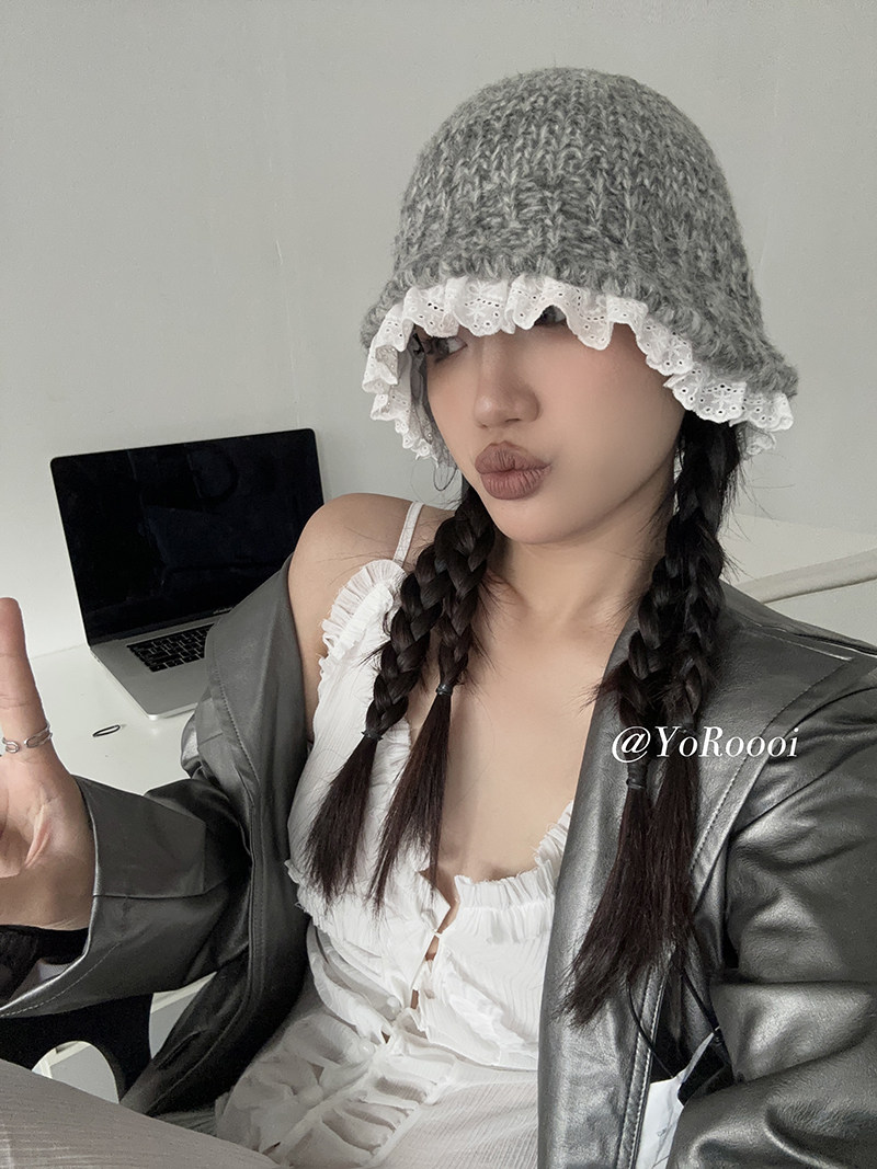 YoRoooi 原创韩系博主慵懒风亚麻灰色针织渔夫帽保暖素颜圆顶盆帽