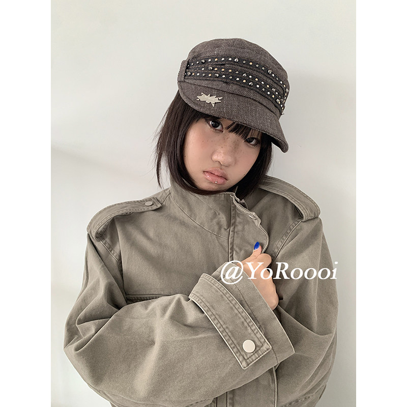YoRoooi 美式复古y2k水洗牛仔铆钉报童帽百搭透气休闲风平顶帽女