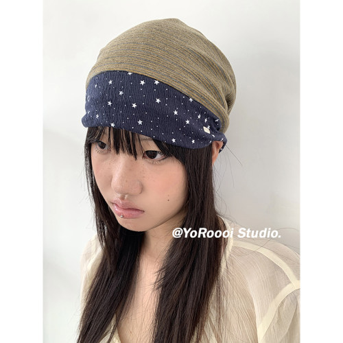 韩系松弛感撞色星星透气包头帽