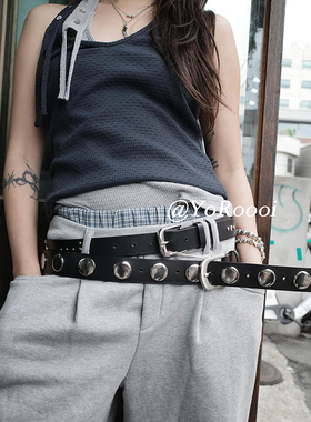 YoRoooi 小众极简复古重工朋克铆钉皮革腰带个性百搭黑色腰带配饰