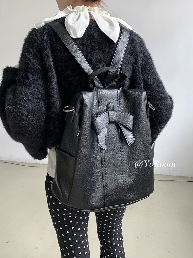 YoRoooi 小众韩系博主可爱蝴蝶结双肩背包百搭设计感高级皮质书包