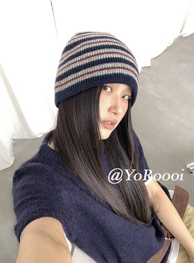 自制羊毛混纺条纹毛线帽女秋冬