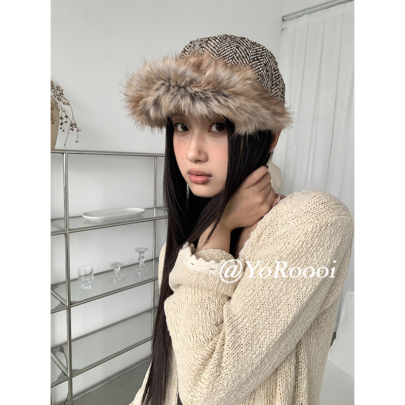 新款斑马纹毛绒边高级感马术帽