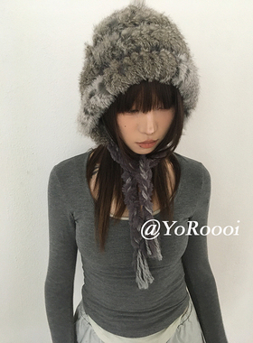 YoRoooi 小众复古设计师款手工针织兔毛雷锋帽绑带式保暖毛绒盆帽