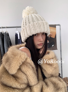 YoRoooi 韩系ins加粗针织毛线帽秋冬保暖护耳显脸小毛球帽套头帽