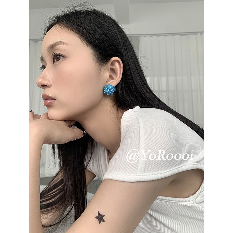 YoRoooi 夏季小众韩系重工珍珠彩色串珠水钻复古耳钉水晶蓝色耳环