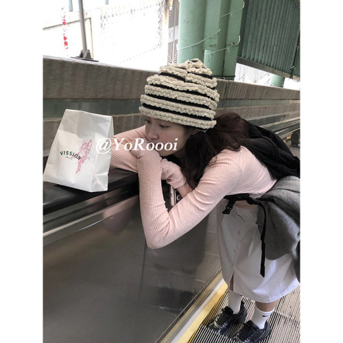 博主同款黑白条纹拼接软顶包头帽