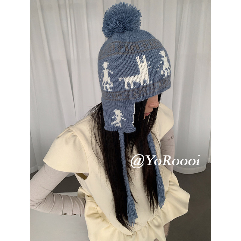 复古提花圣诞小鹿针织毛球帽