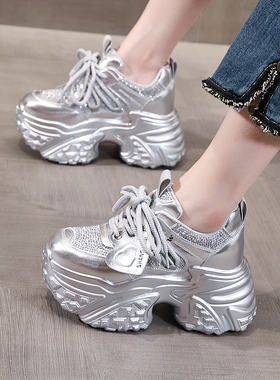 水钻银色老爹鞋女内增高小个子2025年加绒百搭松糕厚底运动休闲鞋