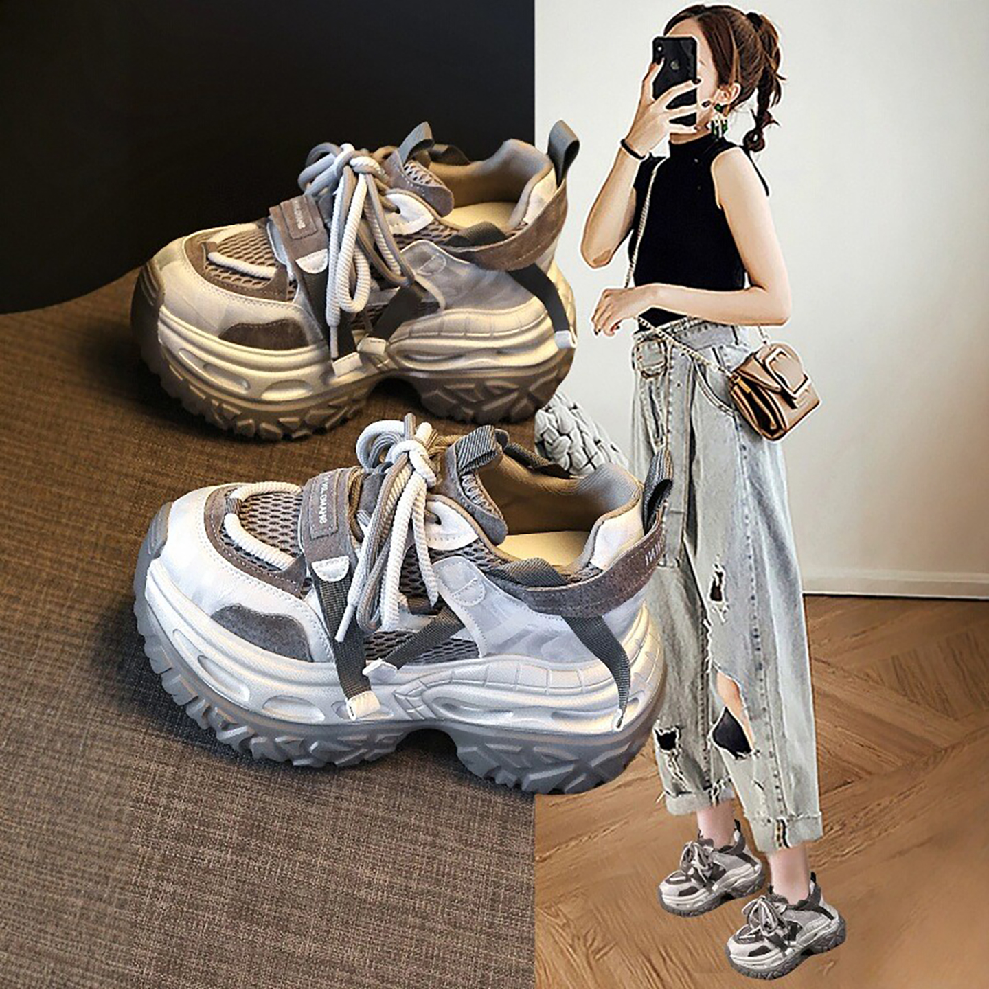 厚底老爹鞋女小个子复古休闲鞋