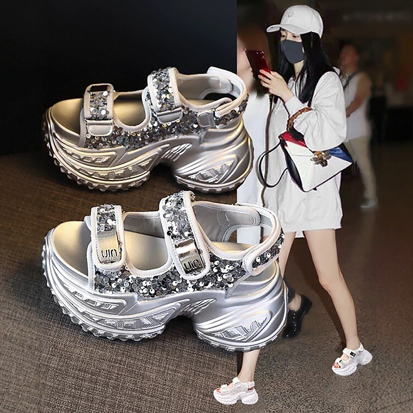 运动凉鞋女外穿亮片小个子沙滩鞋