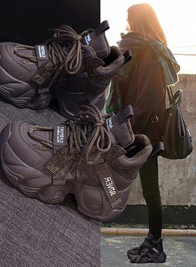 厚底高帮老爹鞋女2025秋冬欧洲站新款加绒保暖内增高运动休闲棉鞋