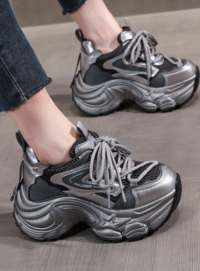 小个子老爹鞋女内增高2025年新款春秋网纱透气厚底百搭运动休闲鞋