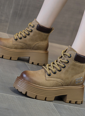 厚底小个子马丁靴女加绒2025年新款爆款英伦风大黄靴粗跟增高棉靴