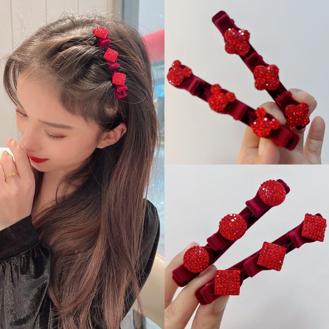 新款纹理植绒编发发夹刘海夹前额侧边发卡女红色四叶草水钻抓夹子