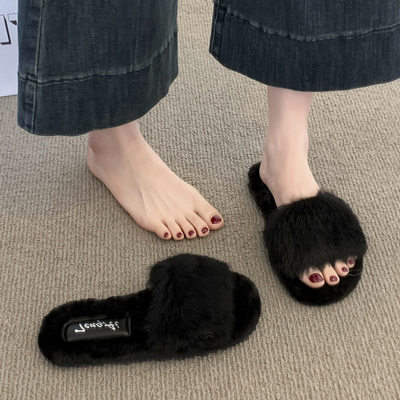 法式平底毛毛拖鞋女外穿2025新款秋冬季网红高级感懒人一字棉拖鞋