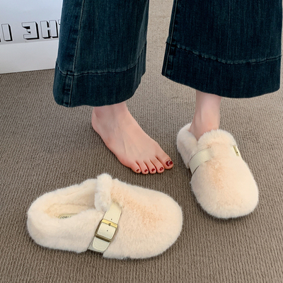 厚底内增高加绒勃肯包头毛毛拖鞋女外穿2025秋冬新款网红保暖棉拖