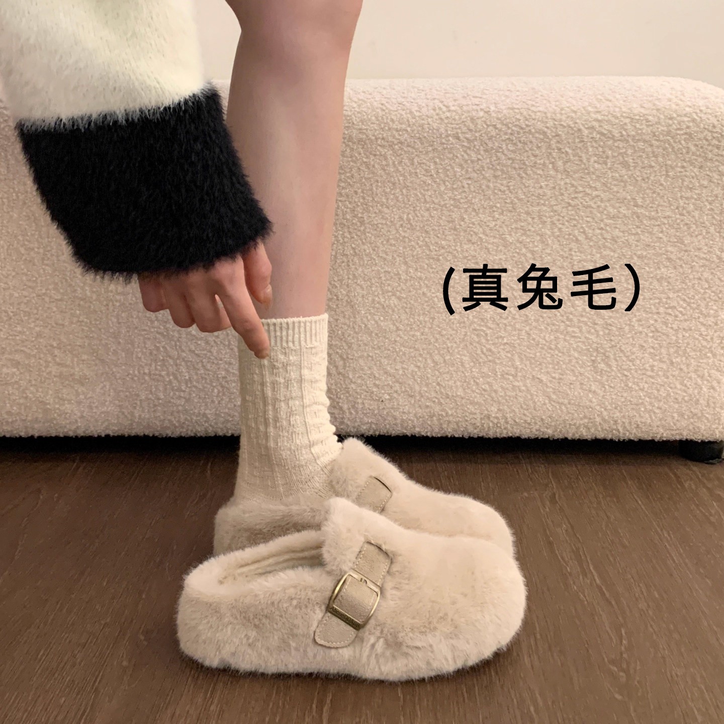 兔毛厚底毛毛包头拖鞋女外穿2026新款冬季一脚蹬毛茸茸勃肯棉拖鞋图片