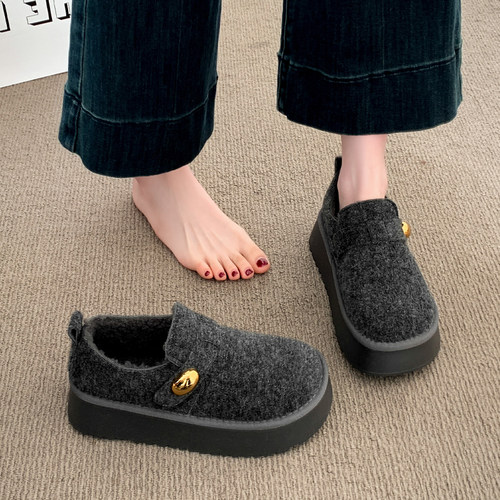 厚底灰色加绒勃肯鞋女款2025新款冬季女鞋子一脚蹬保暖棉鞋雪地靴