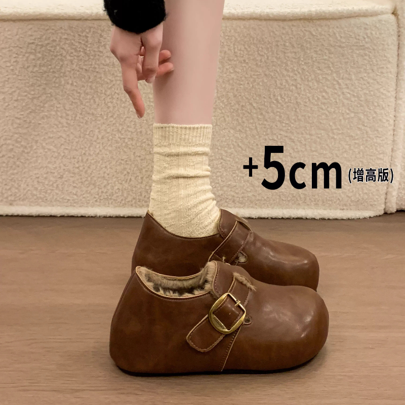 厚底内增高勃肯鞋2025新款复古皮面防水一脚蹬加绒保暖毛毛棉鞋子