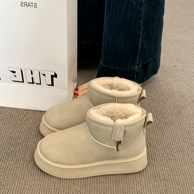 防水防滑厚底皮毛一体雪地靴女冬2025新款勃肯棉鞋加绒短靴面包鞋