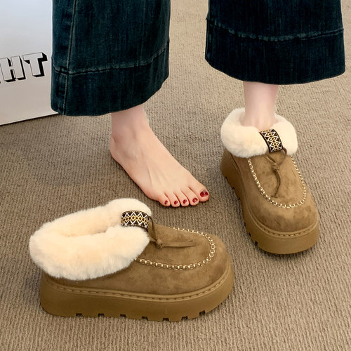 厚底加绒加厚一脚蹬毛毛棉鞋子女2025秋冬季新款巨好看东北雪地靴