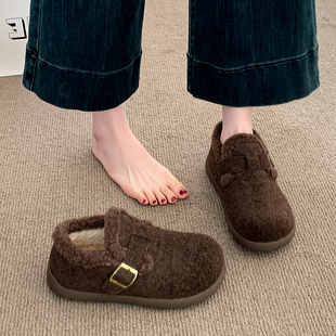 厚底加绒全包勃肯鞋女冬2025新款毛毛豆豆鞋子保暖乐福棉鞋雪地靴