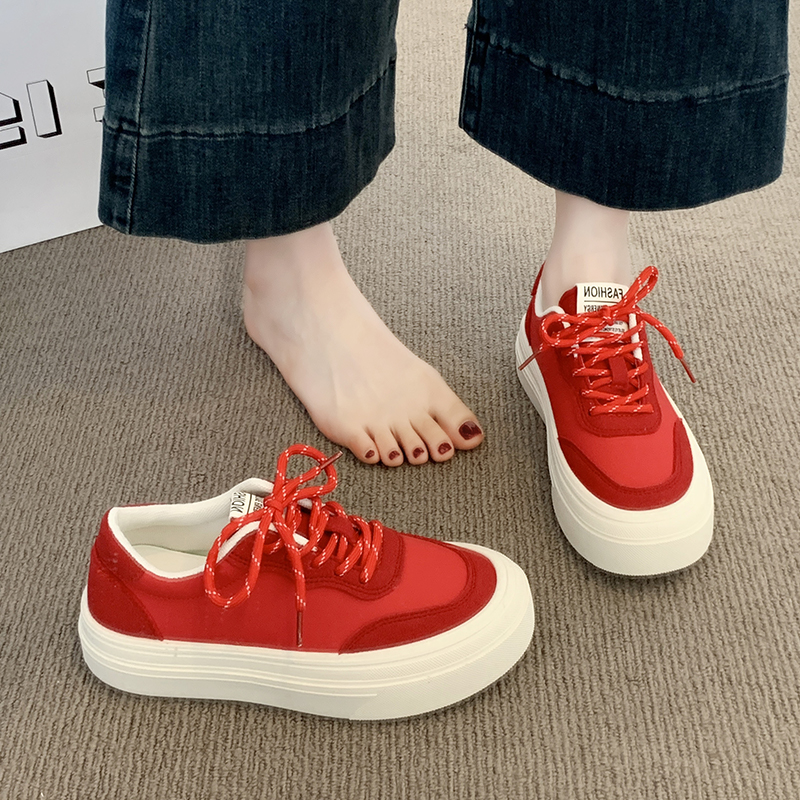 厚底红色帆布鞋女2025新款秋季复古港风运动板鞋百搭学生休闲鞋子