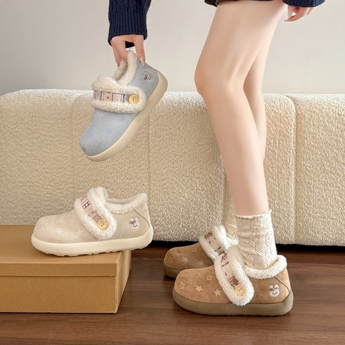 加绒勃肯鞋女2025冬季新款魔术贴厚底复古毛毛鞋加厚保暖雪地棉鞋