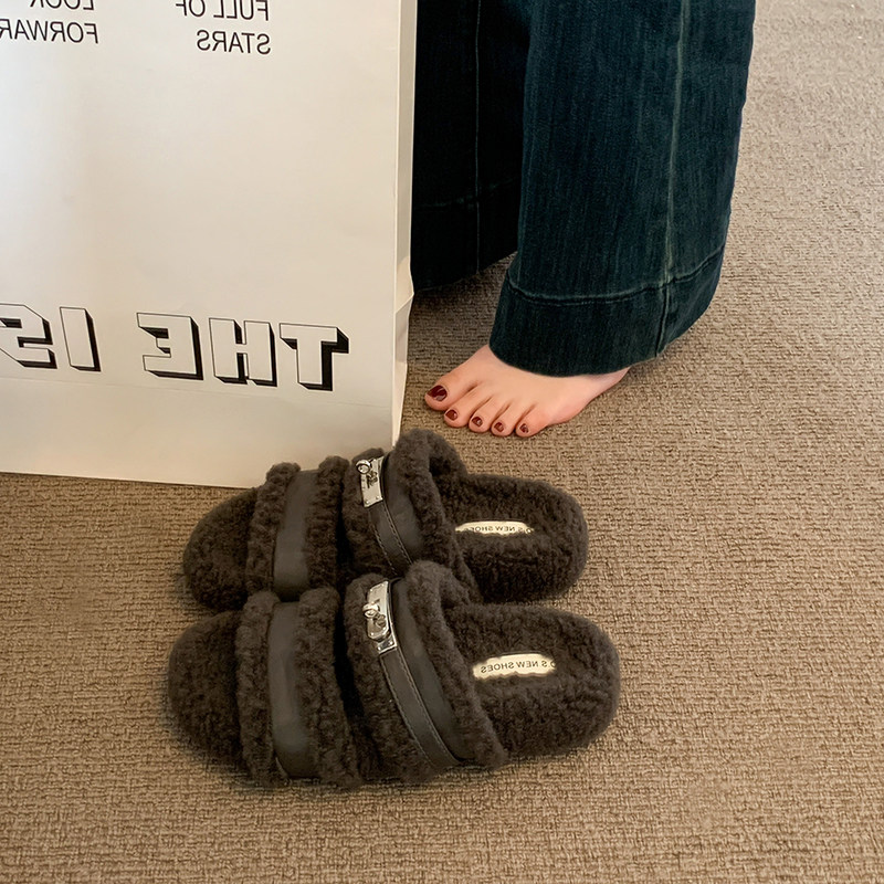 厚底增高羊羔毛毛拖鞋女款2026秋夏新款百搭勃肯鞋居家毛绒棉拖鞋图片