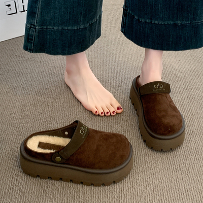 厚底内增高加绒勃肯鞋毛毛拖鞋女外穿2025新款秋冬包头半拖棉拖鞋