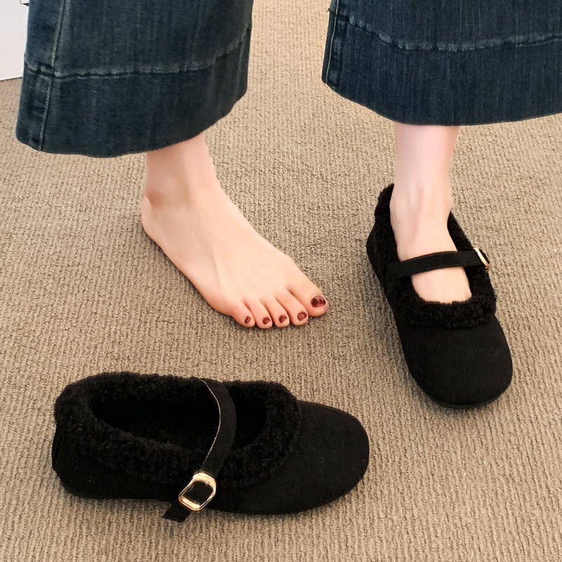 厚底勃肯毛毛鞋女2025新款冬季一脚蹬加绒豆豆鞋雪地靴玛丽珍棉鞋