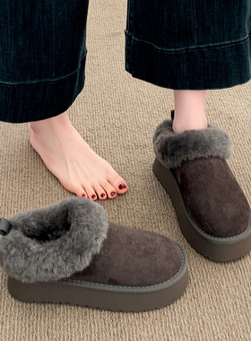 厚底灰色加绒毛毛棉鞋女冬2025新款一脚蹬保暖短靴皮毛一体雪地靴
