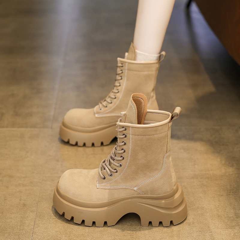 厚底英伦风高帮马丁靴女2025秋冬季系带短靴百搭增高机车靴工装靴