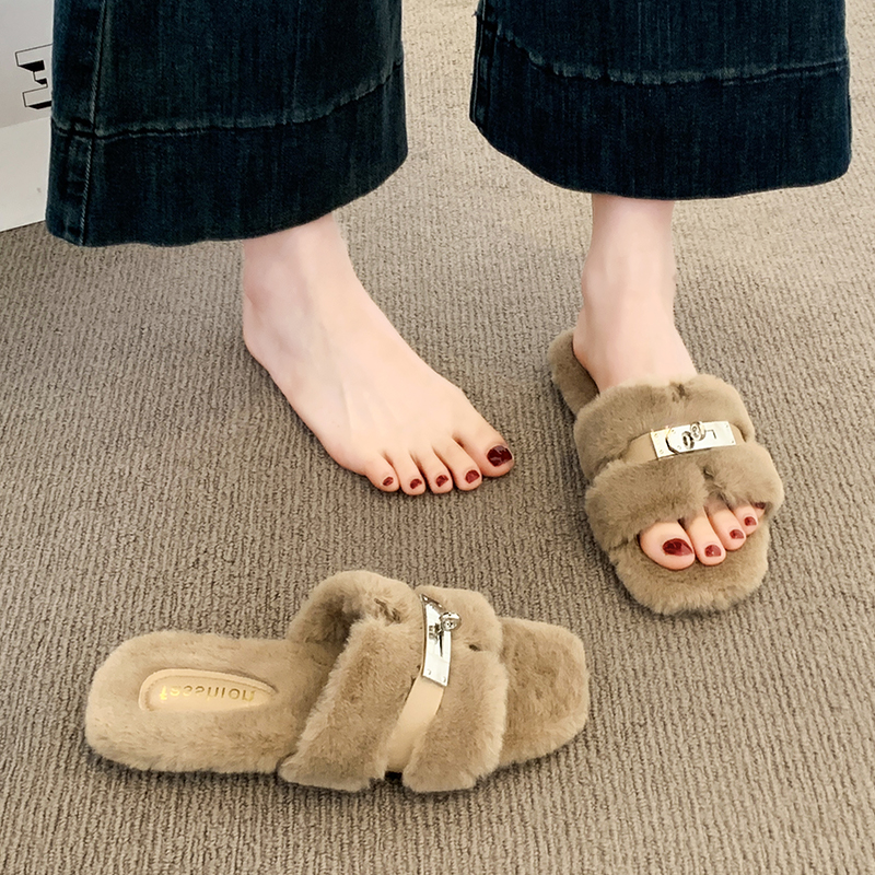 巨好看法式平底毛毛拖鞋女外穿2025新款秋冬网红高级感一字棉拖鞋