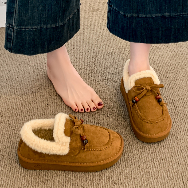厚底内增高加绒毛毛勃肯鞋女2025冬季新款雪地靴乐福鞋豆豆棉鞋子