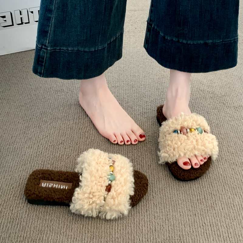 毛毛拖鞋女外穿2025秋冬新款踩屎感平底居家毛茸茸懒人一字棉拖鞋