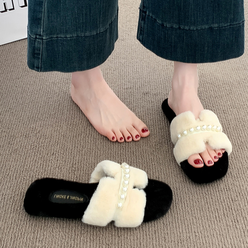 法式平底毛毛拖鞋女外穿2025新款秋冬加绒踩屎感外出一字棉拖鞋子