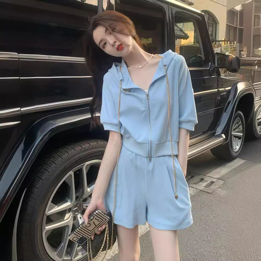 运动服套装女春夏季学生韩版宽松显瘦连帽蓝色卫衣两件套休闲时尚