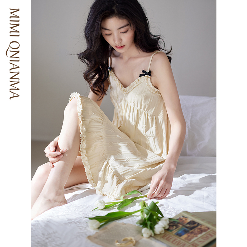 WYMT带胸垫纯棉吊带睡裙女夏季纯欲风性感防凸点小个子遮胸睡衣家