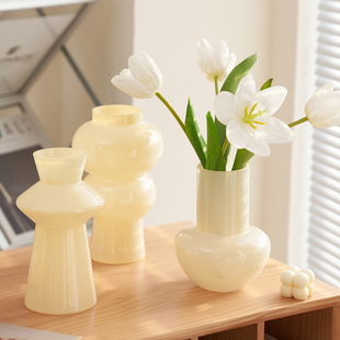 网红中古奶油轻奢花瓶高级感小众玻璃郁金香插花客厅餐桌装 饰摆件